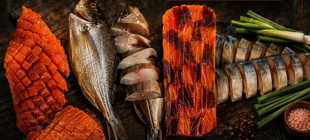 Kaltgeräucherter Lachs, Makrele und Dorade auf dunklem Holz